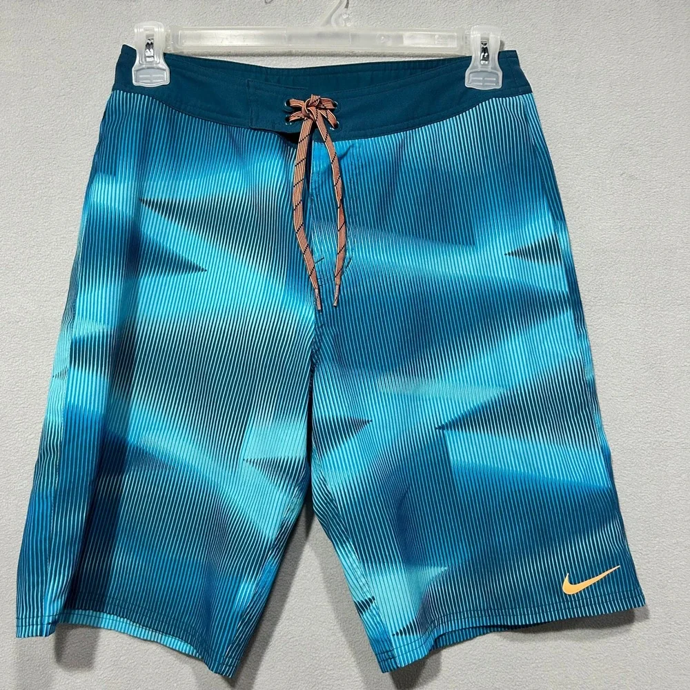 Nike Mens Swim Trunks Board Shorts Blue Stripe Drawstring Size 30‎ Swoosh